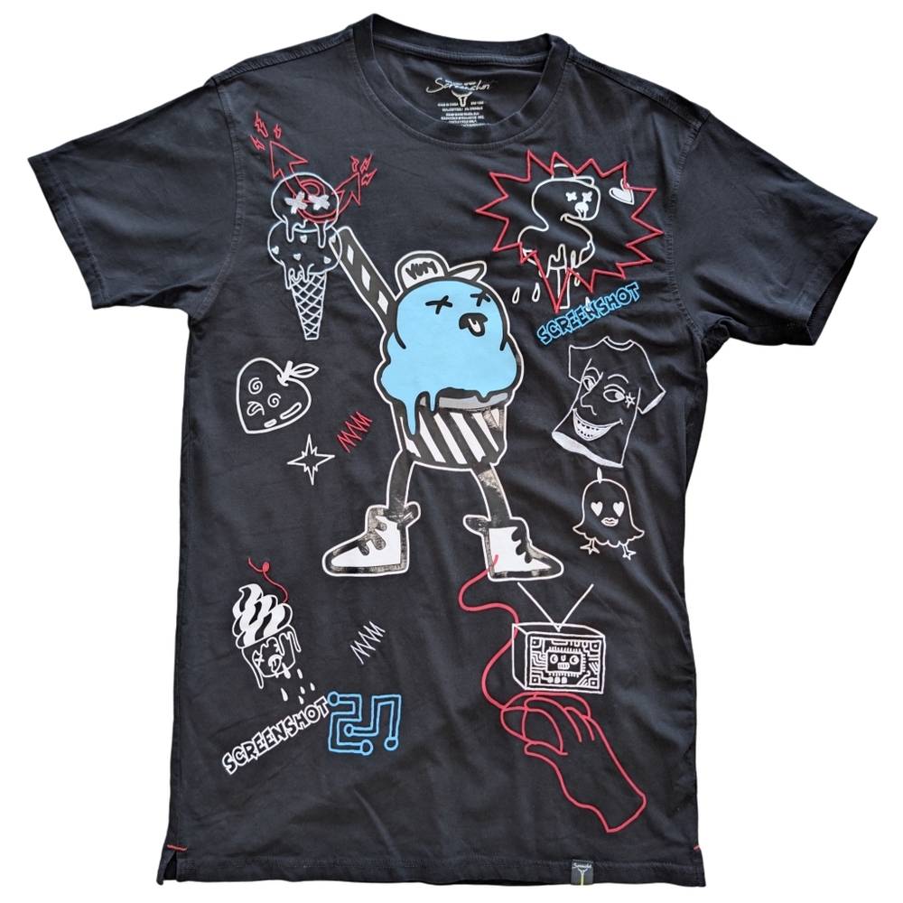 Screenshot Men's Size Small Black Graffiti Art Vinyl Embroidered Short Sleeve‎